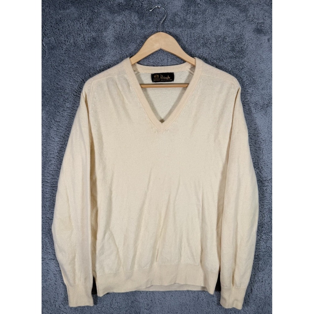 Vintage Pringle Of Scotland Sweater Mens M Cream 100% Lambswool V-Neck‎ Pullover